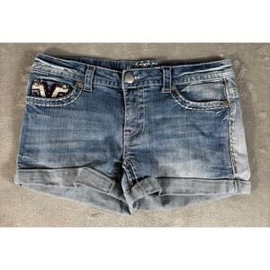 Paisley Sky Denim Shorts Womens 8 Blue Star Flap Pockets Contrast Stitch